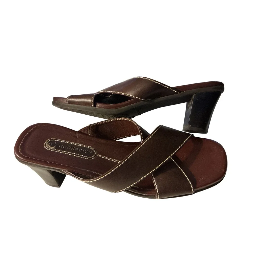Rockport Brown Leather Crisscross Slide Sandals Block Heel Square Toe Size 7.5M